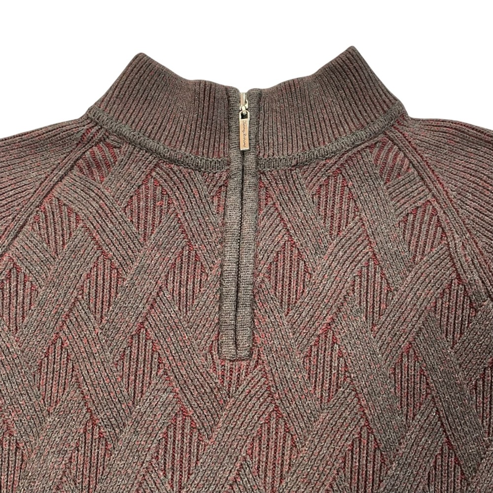 Tommy Bahama Mens Gray Red Marled Cotton Diamond Knit Quarter Zip Sweater M